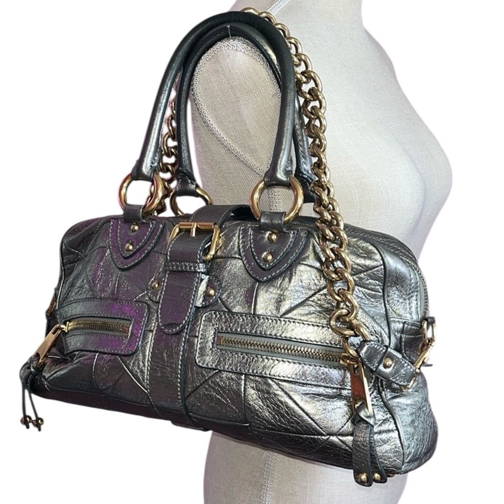 Marc Jacobs Y2K Quilted Venetia Metallic Gunmetal Leather Satchel w/ Chain Strap - Picture 4 of 17